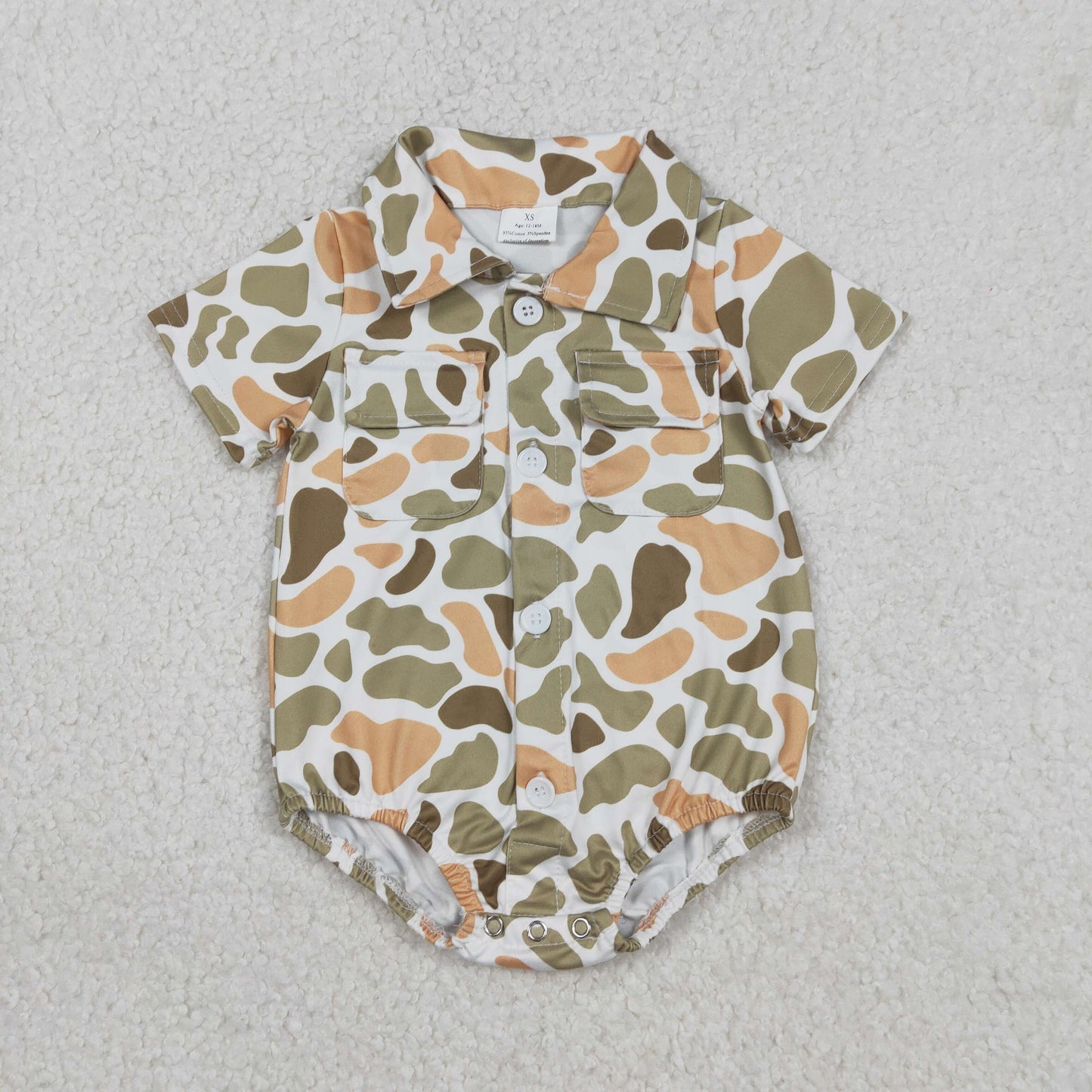 12.30 RTS NO MOQ （In stock）SR3658 Baby Boys Rompers Baby Boys Southern Orange Camo Button Pockets Rompers
