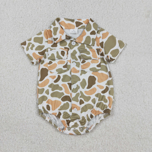 12.30 RTS NO MOQ （In stock）SR3658 Baby Boys Rompers Baby Boys Southern Orange Camo Button Pockets Rompers