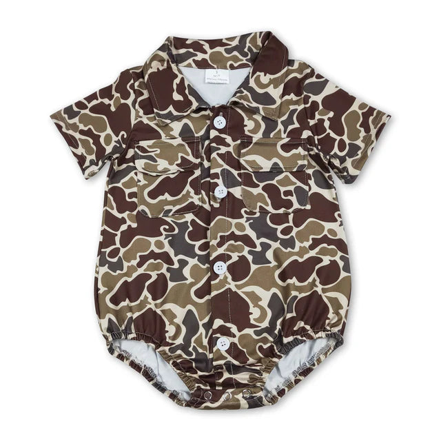 RTS Sibling Baby Boys Southern Camo Button Pockets Hunting Rompers