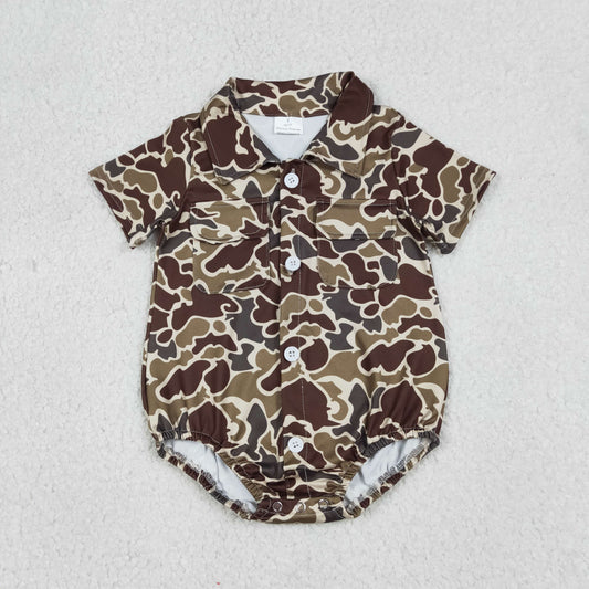 1.9 RTS NO MOQ （In stock）SR3659 Baby Boys Rompers Baby Boys Southern Dark Khaki Camo Button Pockets Rompers