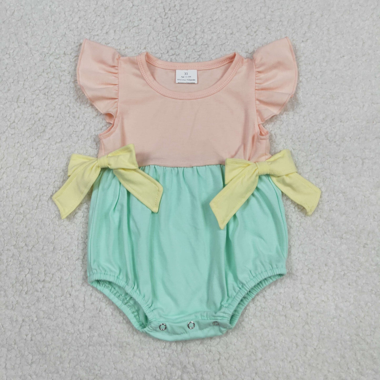 3.5 RTS NO MOQ （In stock）SR3662 Children's Fashion Romper Baby Girls Flutter Sleeve Pink Aqua Bows Ruffle Rompers