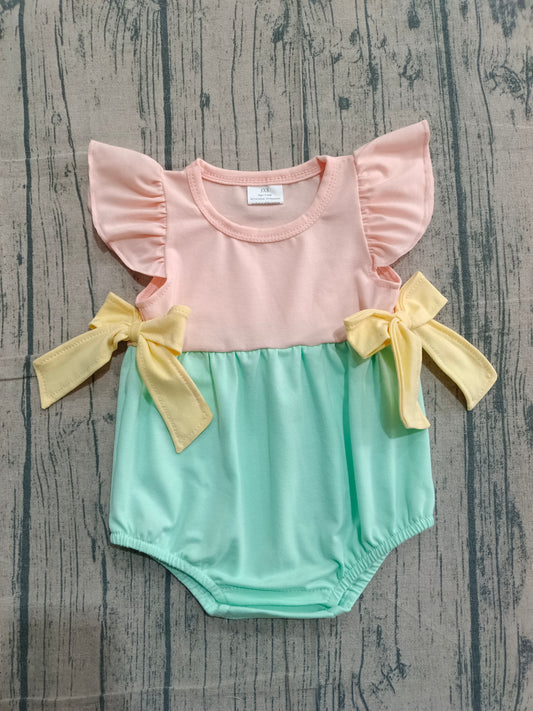 1.27 SR3662 Sample No Moq Baby Girls Flutter Sleeve Pink Aqua Bows Ruffle Rompers