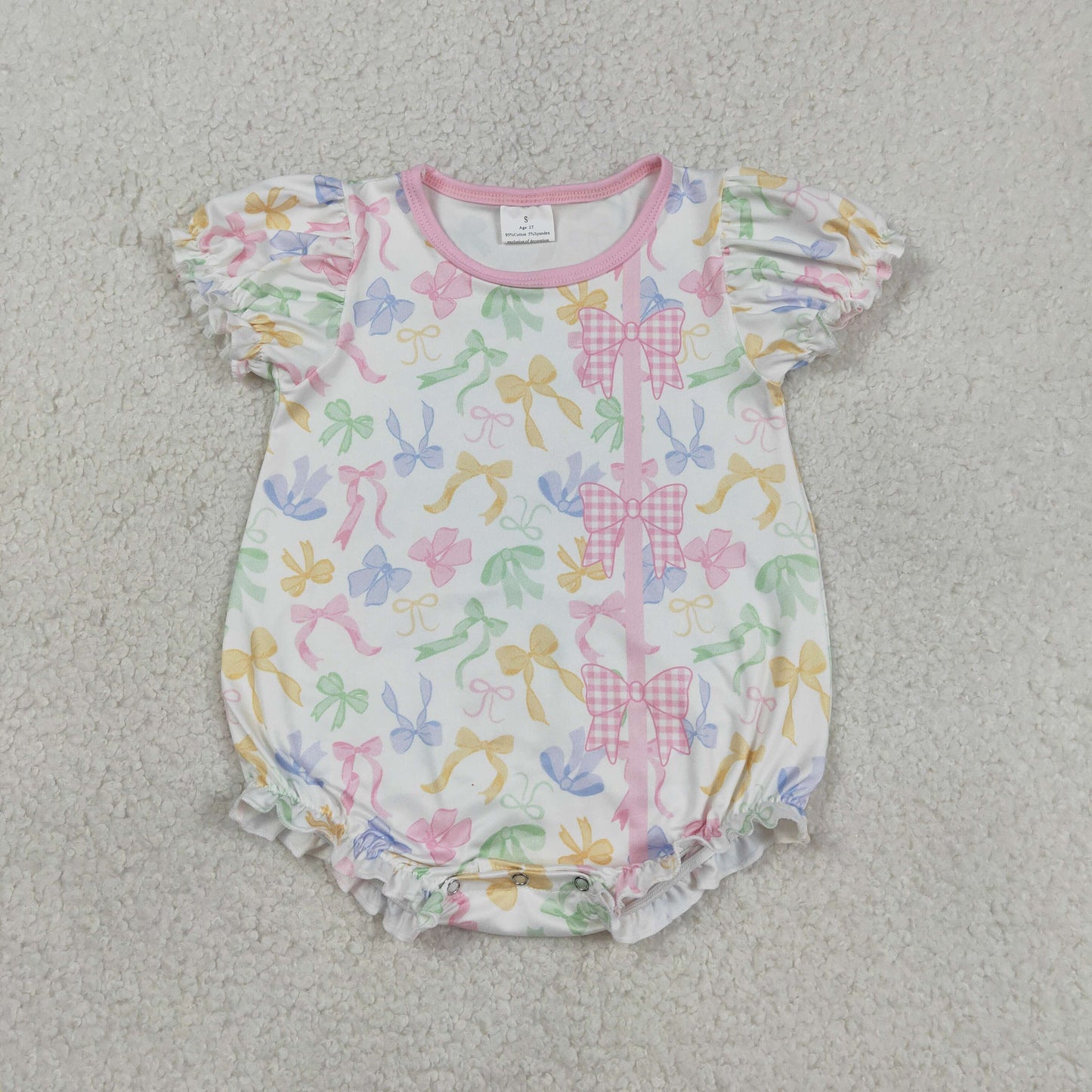 3.13 RTS NO MOQ （In stock）SR3672 Children's Fashion Romper Baby Girls Short Sleeve Colorful Bows Button Ruffle Rompers