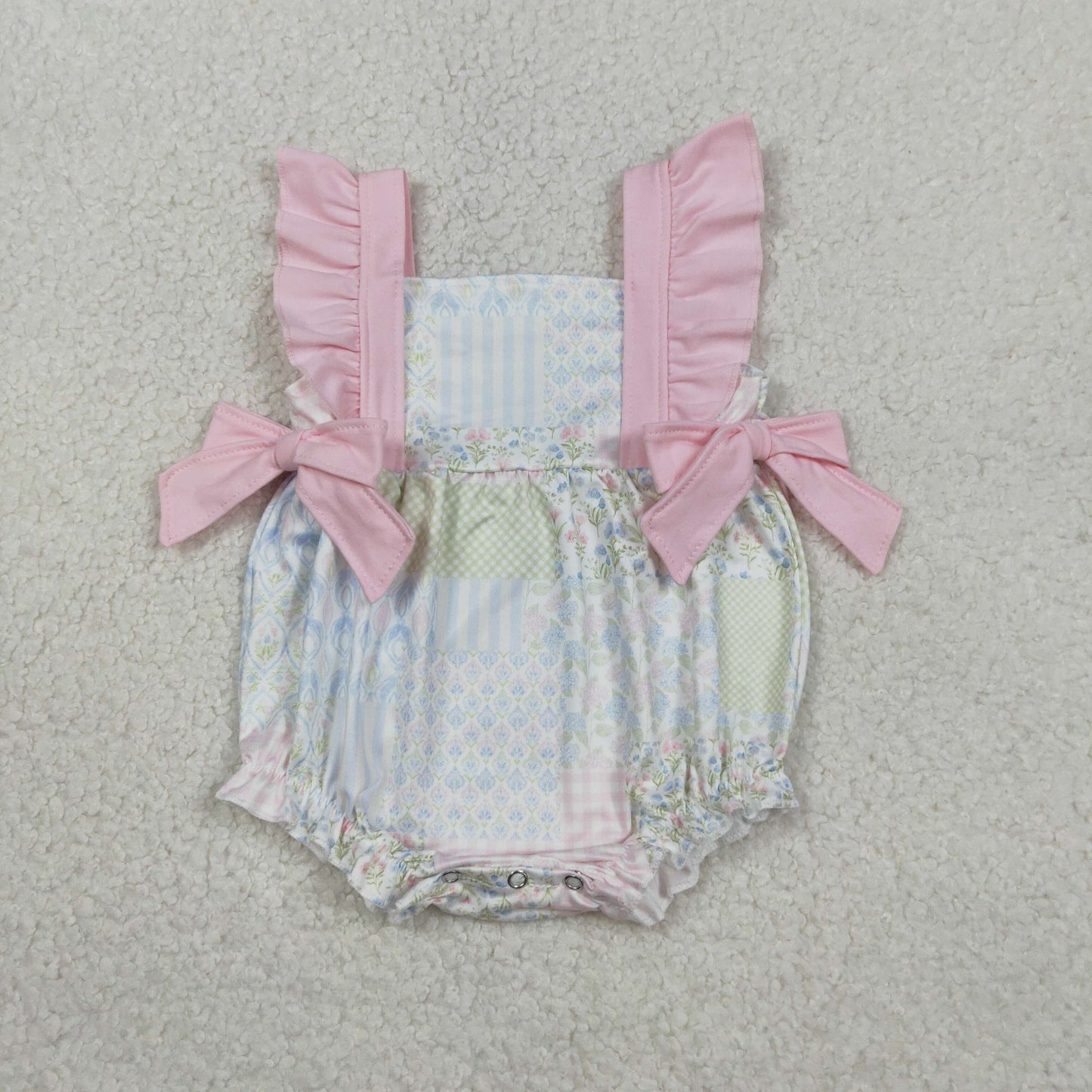 1.31 RTS NO MOQ （In stock）SR3675 Baby Girls Pink Flutter Sleeve Bows Flowers Checked Ruffle Rompers