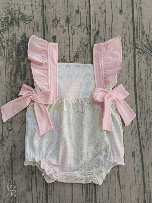 1.12 SR3675 Sample No Moq Baby Girls Pink Flutter Sleeve Bows Flowers Checked Ruffle Rompers