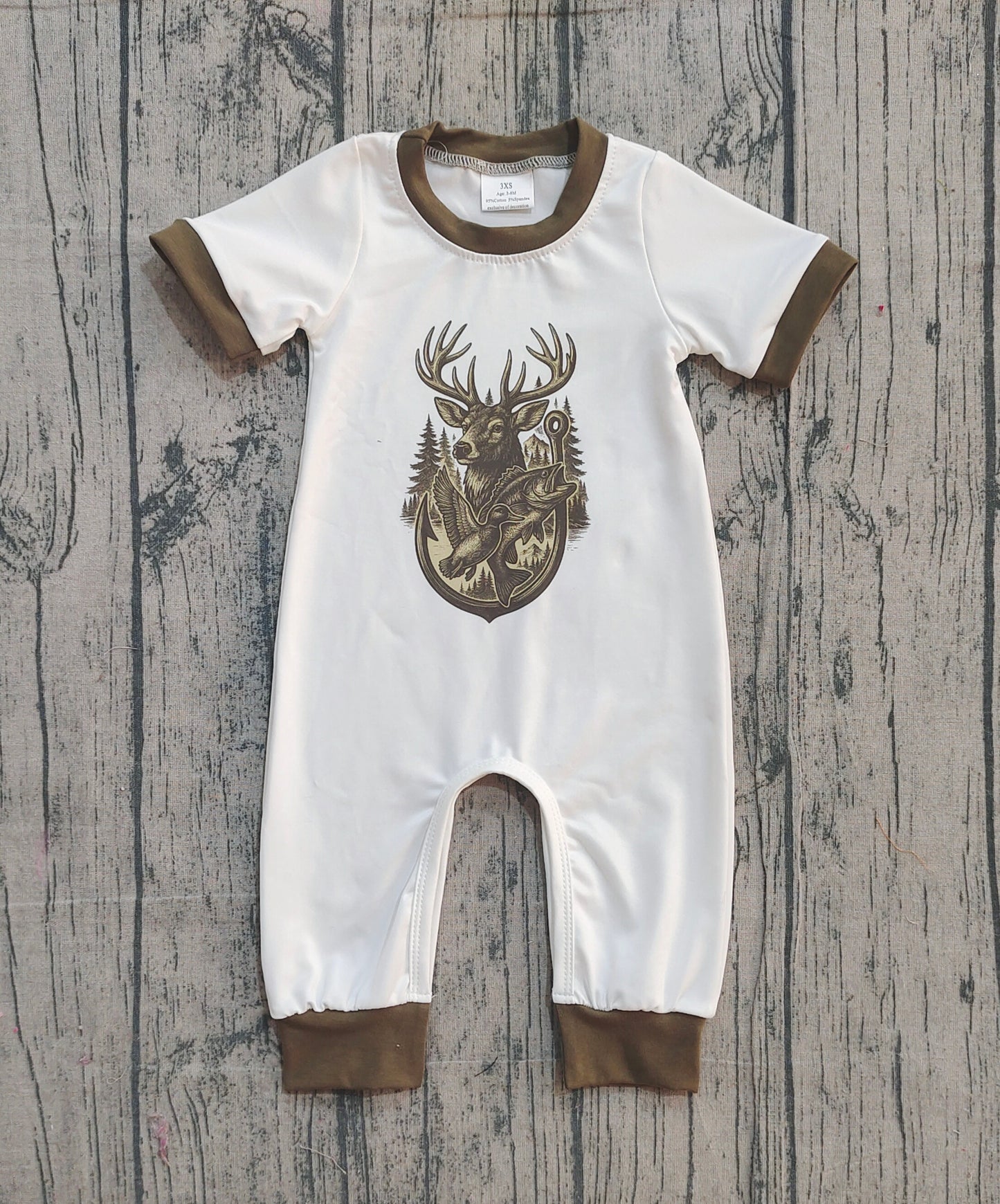 12.8 SR3683 Sample No Moq Baby Boys Deer Fishing Ducks Hunting Footie Rompers