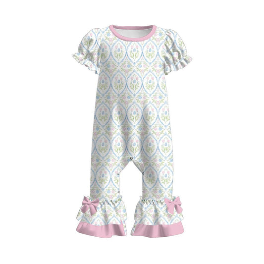 11.26 SR3685 Pre Order No moq Baby Girls Flowers Checked Ruffle Footie Rompers