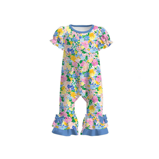 11.26 SR3687 Pre Order No moq Baby Girls Colorful Flowers Ruffle Footie Rompers