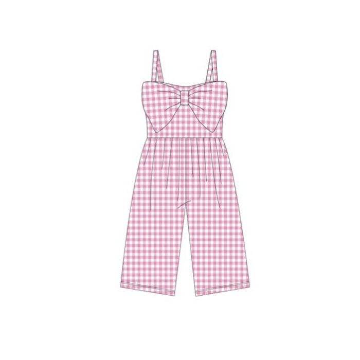11.27 RTS NO MOQ （In stock）SR3694 Baby Girls Pink Checked Strap Bows Pant Jumpsuits
