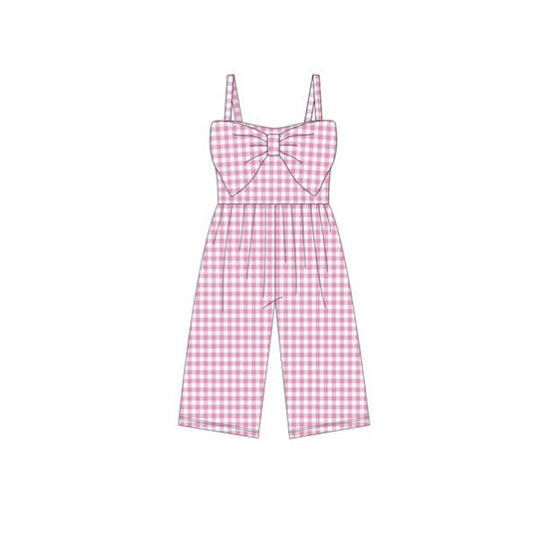 11.27 RTS NO MOQ （In stock）SR3694 Baby Girls Pink Checked Strap Bows Pant Jumpsuits