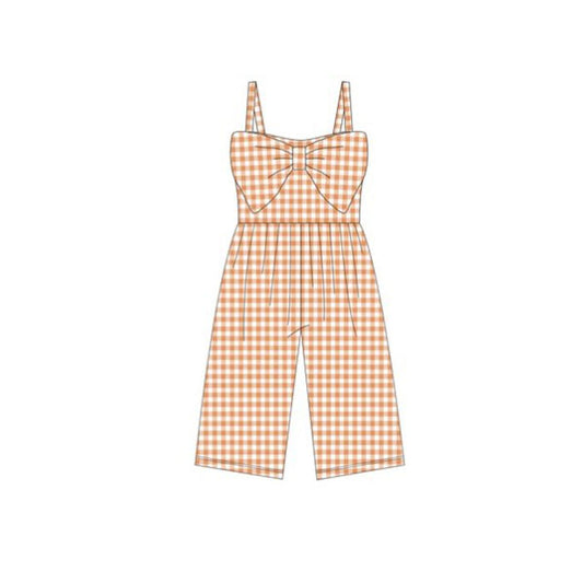 11.27 RTS NO MOQ （In stock）SR3695 Baby Girls Orange Checked Strap Bows Pant Jumpsuits