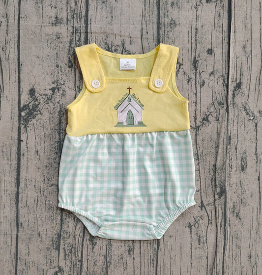 12.12 SR3703 Sample No Moq Embroidery Church Cross Baby Boys Sleeveless Checked Easter Rompers