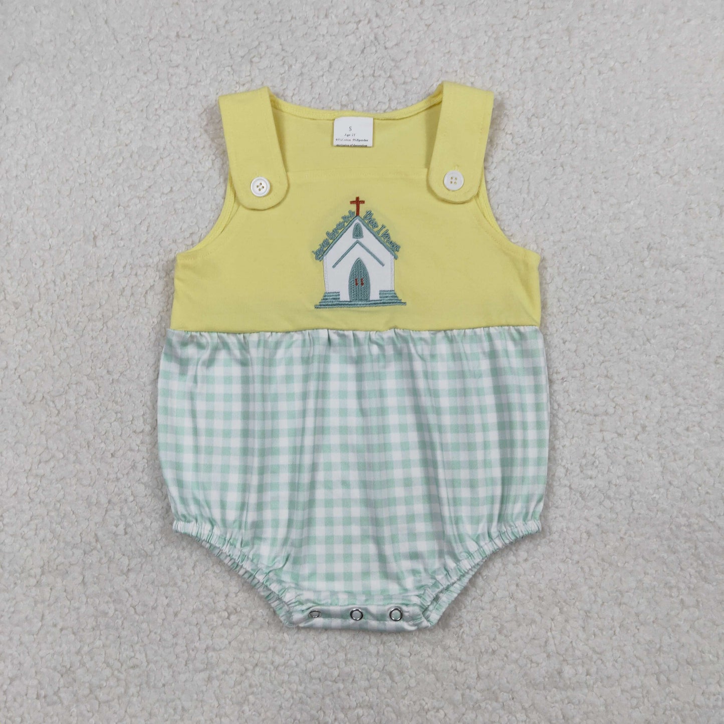 1.14 RTS NO MOQ （In stock）SR3703 Embroidery Church Cross Baby Boys Sleeveless Checked Rompers