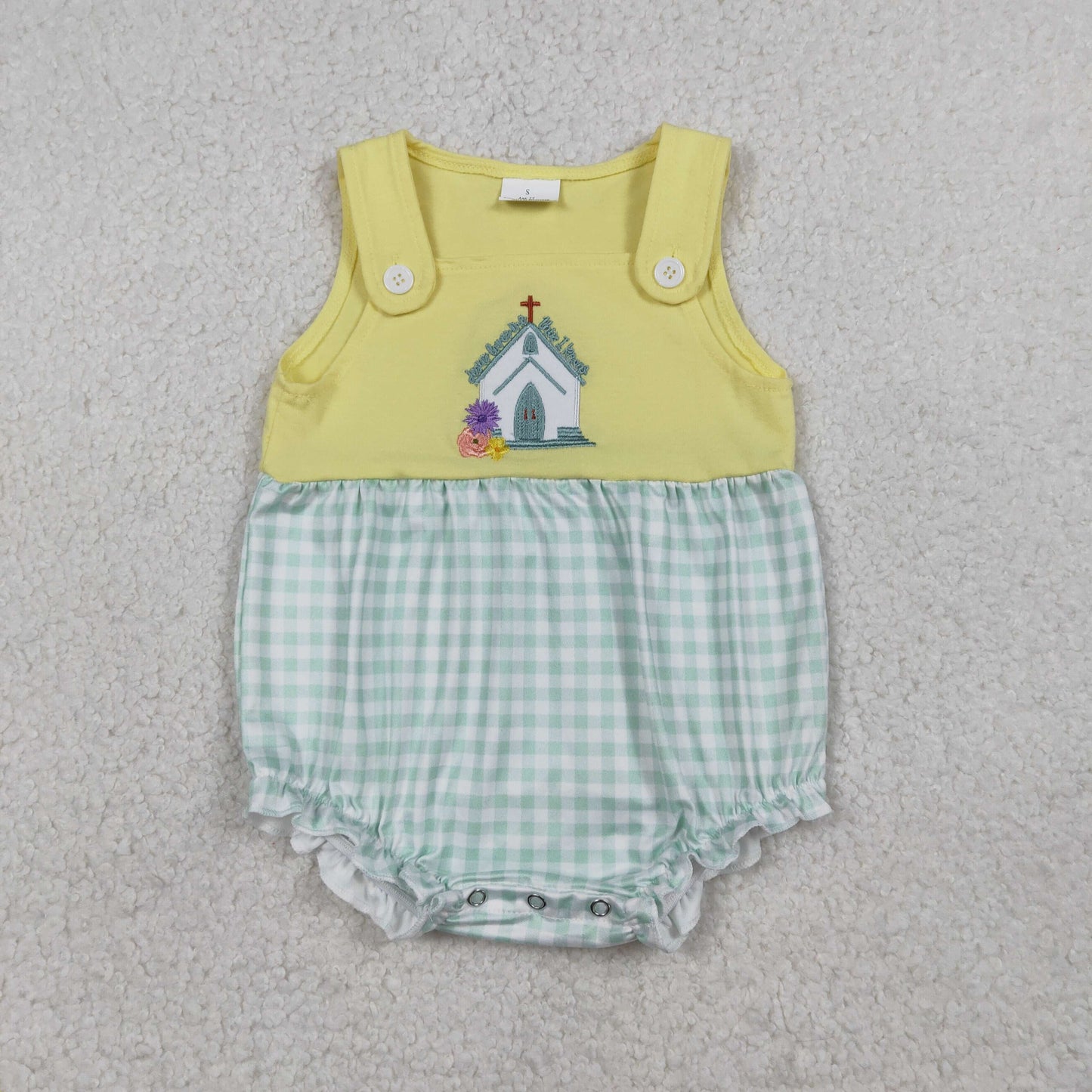 1.14 RTS NO MOQ （In stock）SR3704 Embroidery Church Cross Flowers Baby Girls Checked Ruffle Rompers