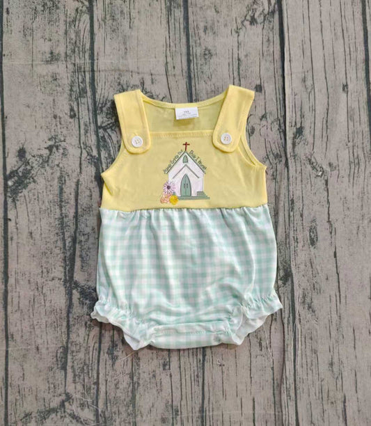 12.12 SR3704 Sample No Moq Embroidery Church Cross Baby Girls Sleeveless Checked Easter Ruffle Rompers