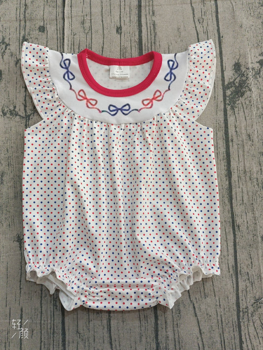1.12 SR3706 Sample No Moq Embroidery Bows Baby Girls Blue Red Polka Dots 4th of July Ruffle Rompers