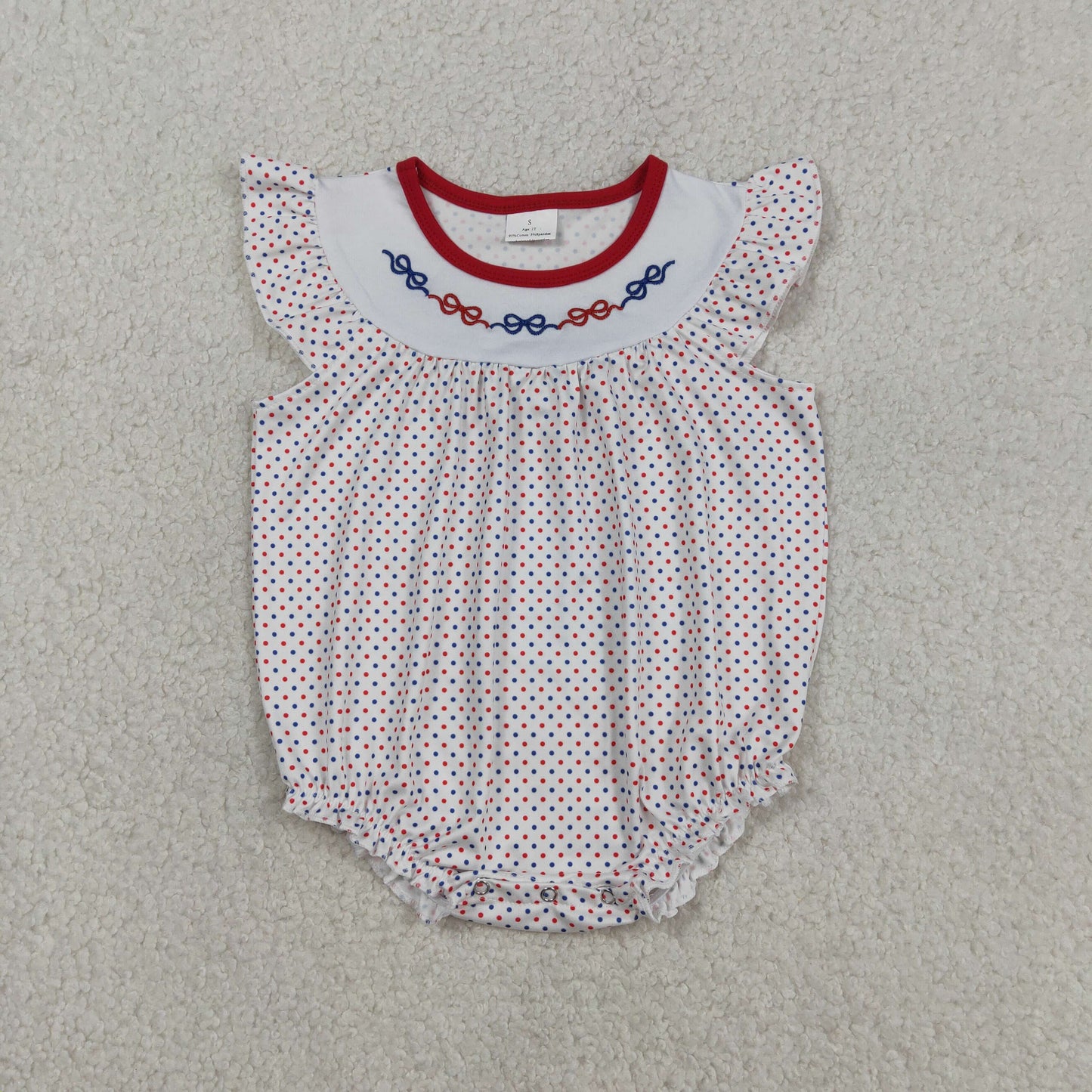 3.14 RTS NO MOQ （In stock）SR3706 Children's Fashion Romper Baby Girls Embroidery Bows Flutter Sleeve Girls Blue Red Polka Dots Ruffle Rompers