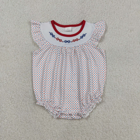 3.14 RTS NO MOQ （In stock）SR3706 Children's Fashion Romper Baby Girls Embroidery Bows Flutter Sleeve Girls Blue Red Polka Dots Ruffle Rompers