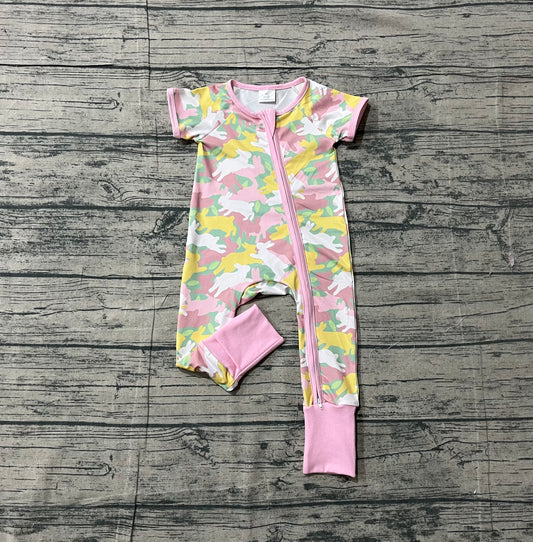 12.20 SR3715 Sample No Moq Baby Girls Rabbits Camo Easter Two Way Zip Convertible Rompers
