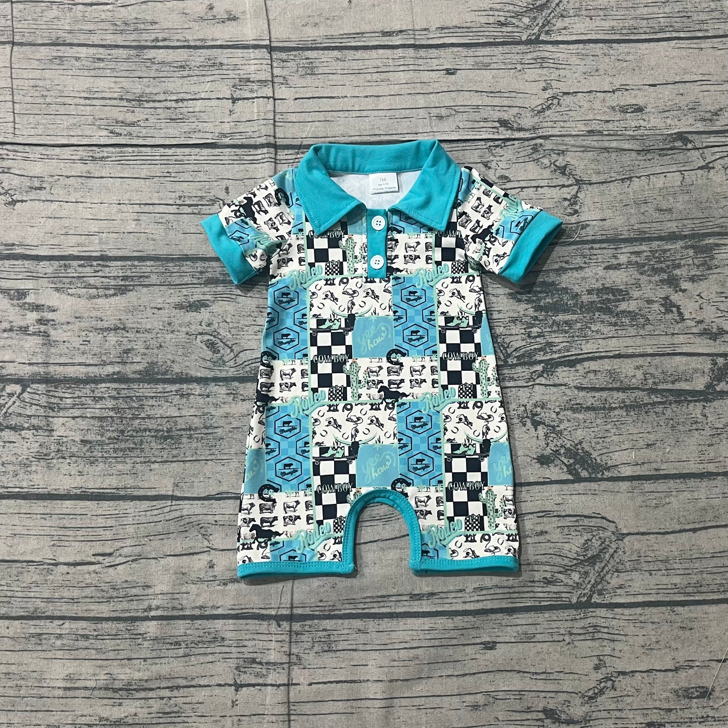 12.24 SR3723 Sample No Moq Baby Boys Short Sleeve Boot Horses Cowboy Western Button Rompers