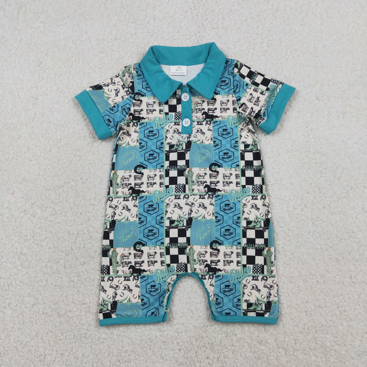 1.19 RTS NO MOQ （In stock）SR3723 Baby Boys Short Sleeve Boot Horses Cowboy Western Button Rompers
