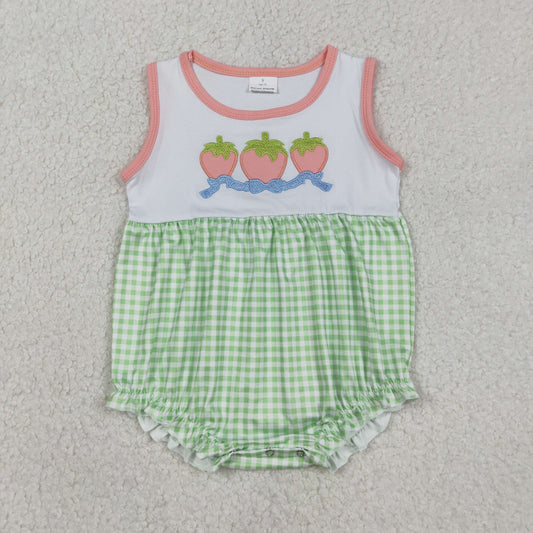 1.8 RTS NO MOQ （In stock）SR3725 Embroidery Bows Strawberry Baby Girls Green Checked Ruffle Rompers