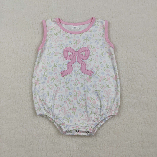 3.30 RTS NO MOQ （In stock）SR3727 Sleeveless pink bow embroidery floral baby girl romper