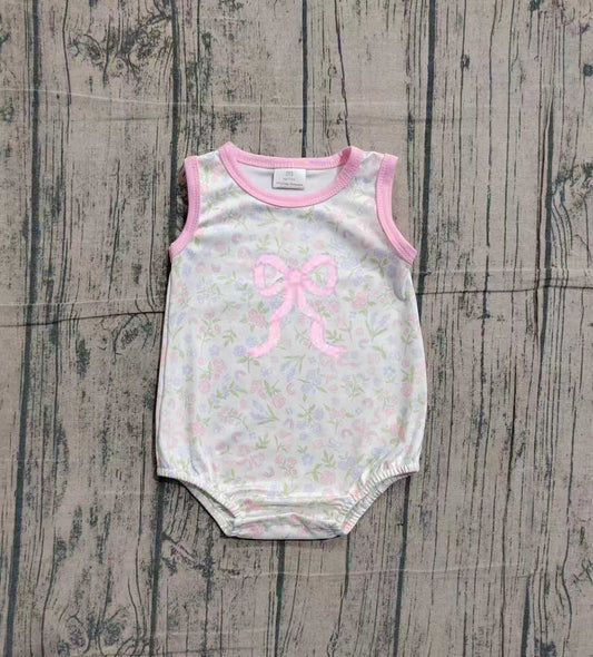 1.15 SR3727 Sample No Moq Embroidery Pink Floral Bow Baby Girls Sleeveless Ruffle Rompers
