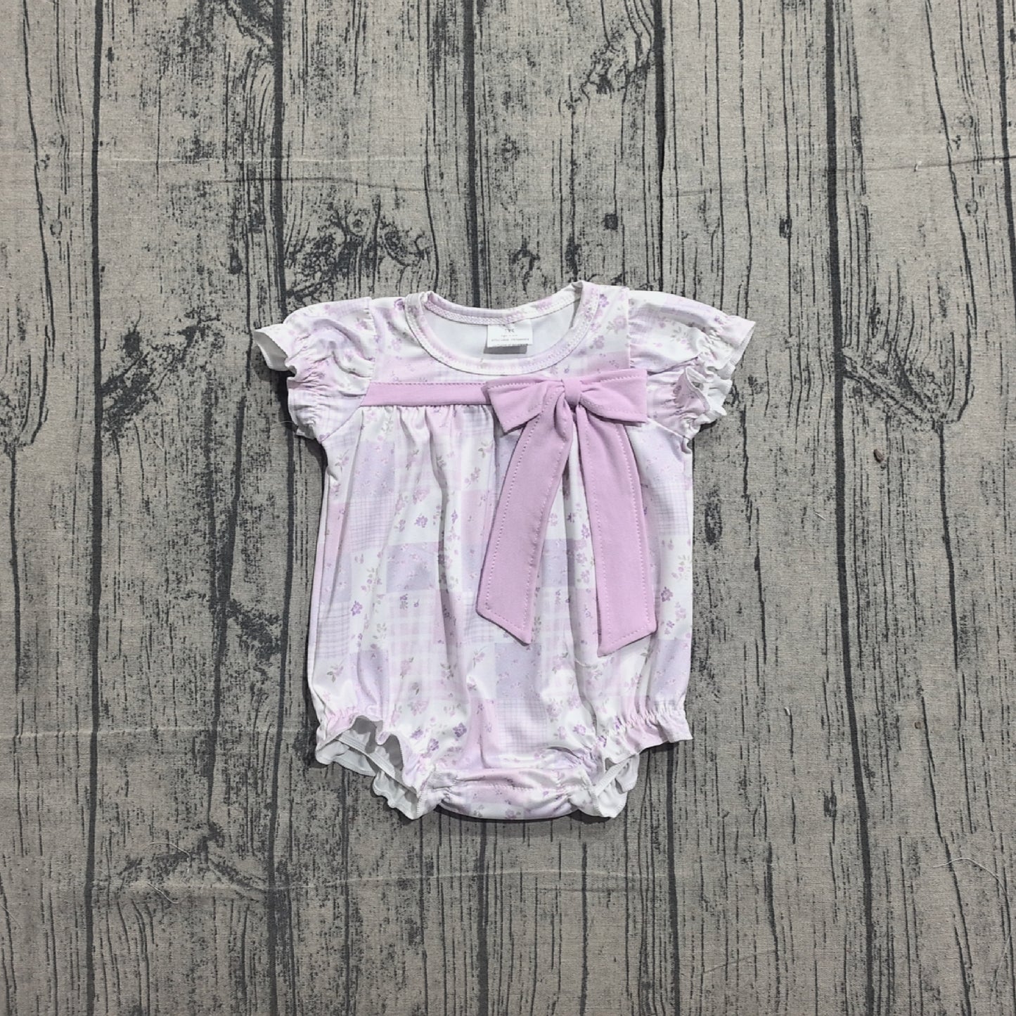 1.12 SR3730 Sample No Moq Baby Girls Short Sleeve Lavender Flowers Checked Bows Ruffle Rompers