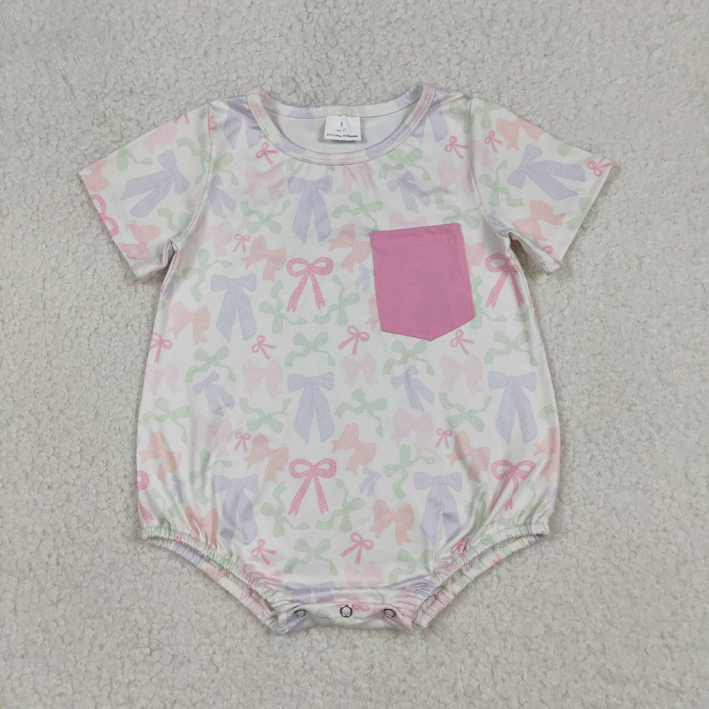 1.9 RTS NO MOQ （In stock）SR3731 Baby Girls Short Sleeve Colorful Bows Pockets Ruffle Rompers