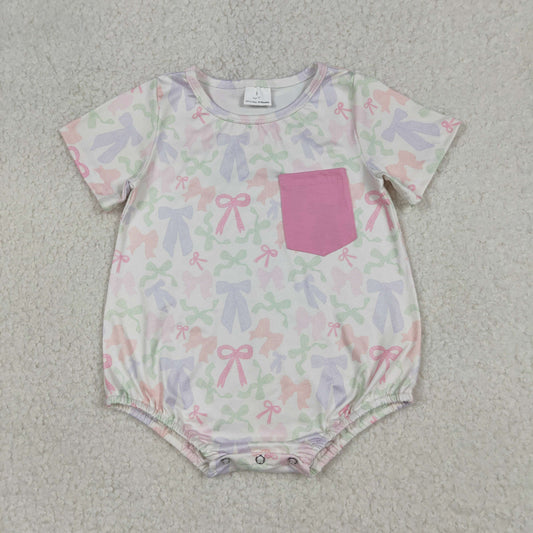 1.9 RTS NO MOQ （In stock）SR3731 Baby Girls Short Sleeve Colorful Bows Pockets Ruffle Rompers