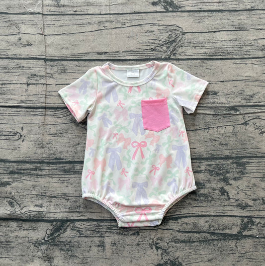 12.15 SR3731 Sample No Moq Baby Girls Short Sleeve Colorful Bows Plaid Pockets Ruffle Rompers