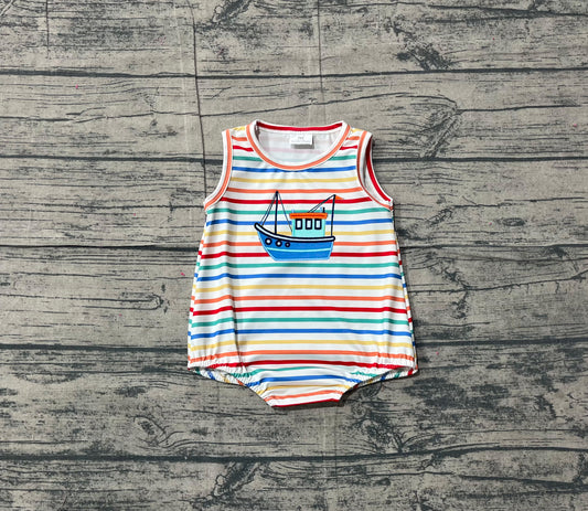 12.10 SR3733 Sample No Moq Embroidery Boats Baby Boys Sleeveless Colorful Stripe Rompers