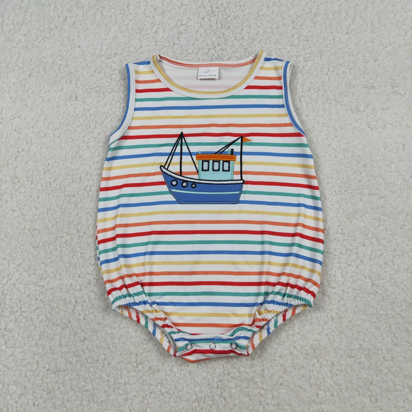 1.19 RTS NO MOQ （In stock）SR3733 Embroidery Boats Baby Boys Sleeveless Colorful Stripe Rompers