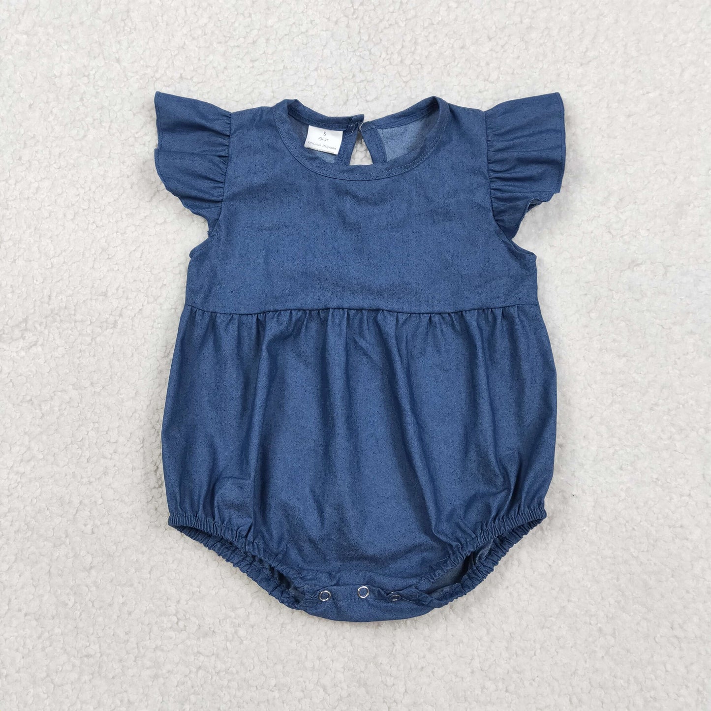 2.3 RTS NO MOQ （In stock）SR3734 Baby Girls Hot Blue Flutter Sleeve Denim Ruffle Rompers