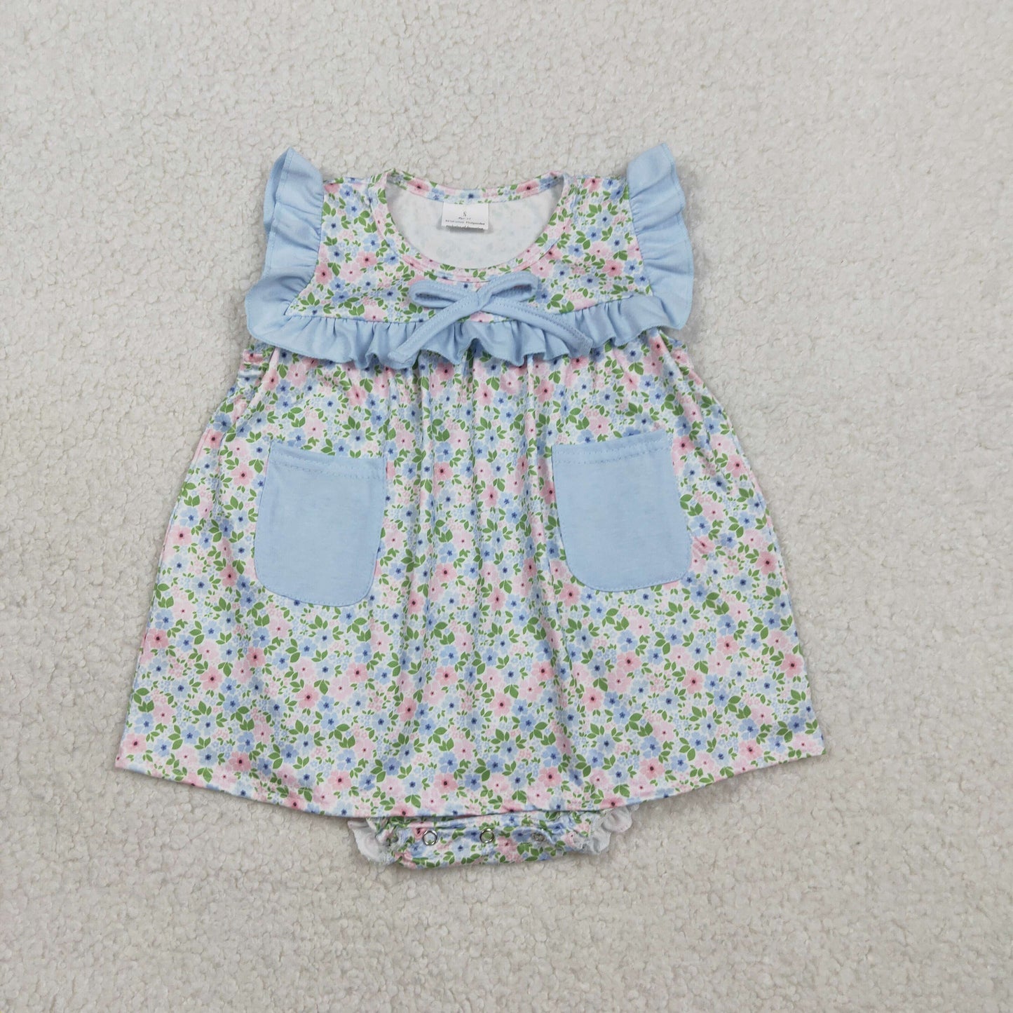 2.9 RTS NO MOQ （In stock）SR3752 Kids Clothing for Girls Baby Girls Sleeveless Blue Flowers Pockets Tunic Ruffle Rompers