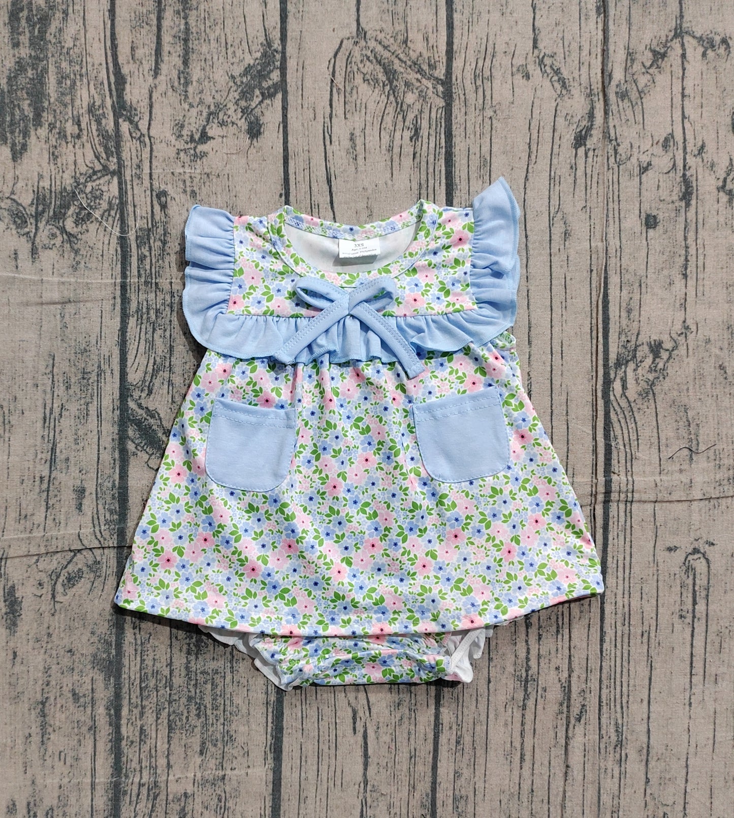 1.15 SR3752 Sample No Moq Baby Girls Sleeveless Flowers Pockets Tunic Bummies Ruffle Rompers
