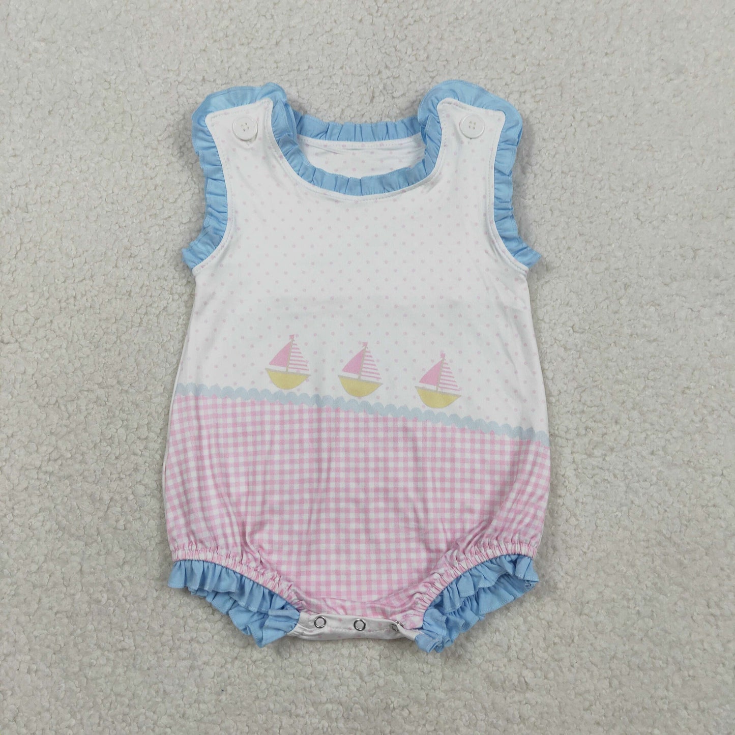 2.2 RTS NO MOQ （In stock）SR3755 Baby Boys Sleeveless Boats Polka Dots Ruffle Rompers