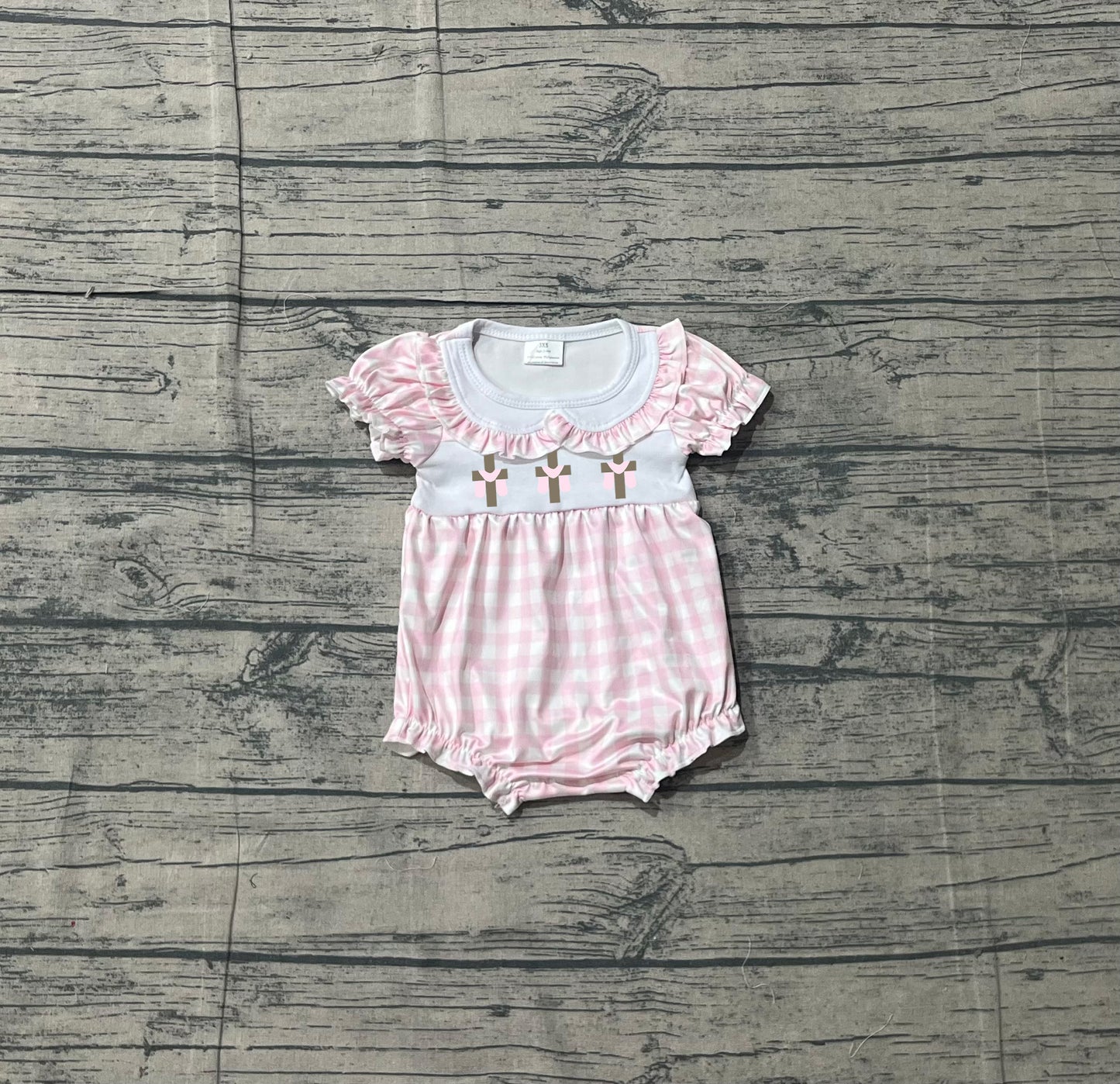 1.14 SR3756 Sample No Moq Embroidery Crosses Baby Girls Collar Pink Checked Easter Ruffle Rompers