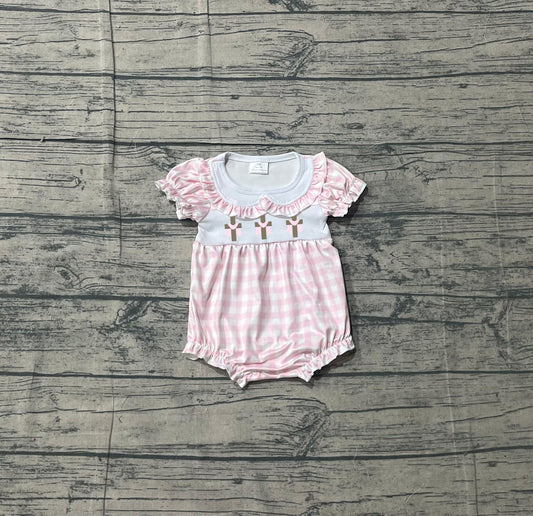 1.14 SR3756 Sample No Moq Embroidery Crosses Baby Girls Collar Pink Checked Easter Ruffle Rompers