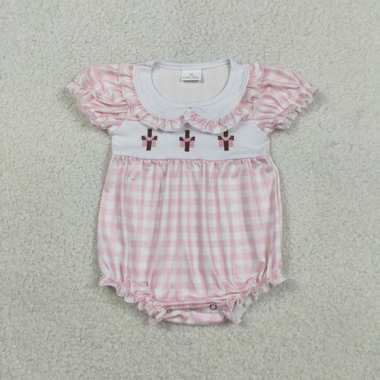 2.3 RTS NO MOQ （In stock）SR3756 Embroidery Crosses Baby Girls Pink Checked Easter Collar Ruffle Rompers
