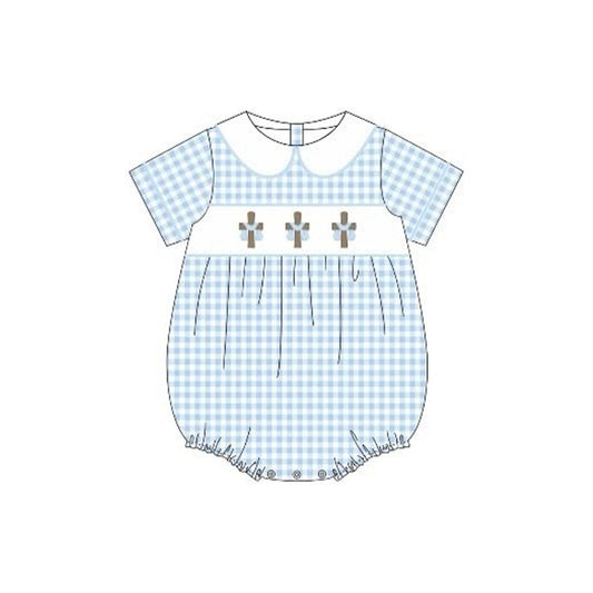 12.6 SR3757 Baby Boys Blue Checked Crosses Easter Collar Rompers