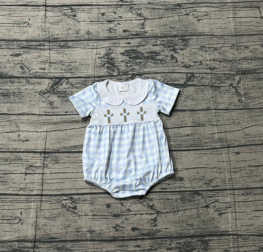 1.14 SR3757 Sample No Moq Embroidery Crosses Baby Boys Blue Checked Easter Collar Rompers