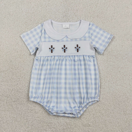 2.4 RTS NO MOQ （In stock）SR3757 Embroidery Crosses Baby Boys Blue Checked Easter Collar Rompers