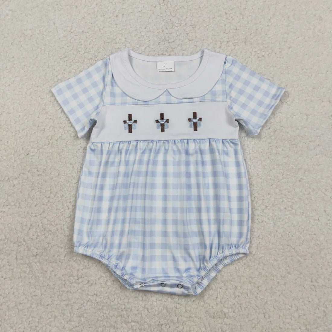 2.4 RTS Sibling Baby Kids Embroidery Crosses Easter Checked Collar Knee Length Dress Rompers