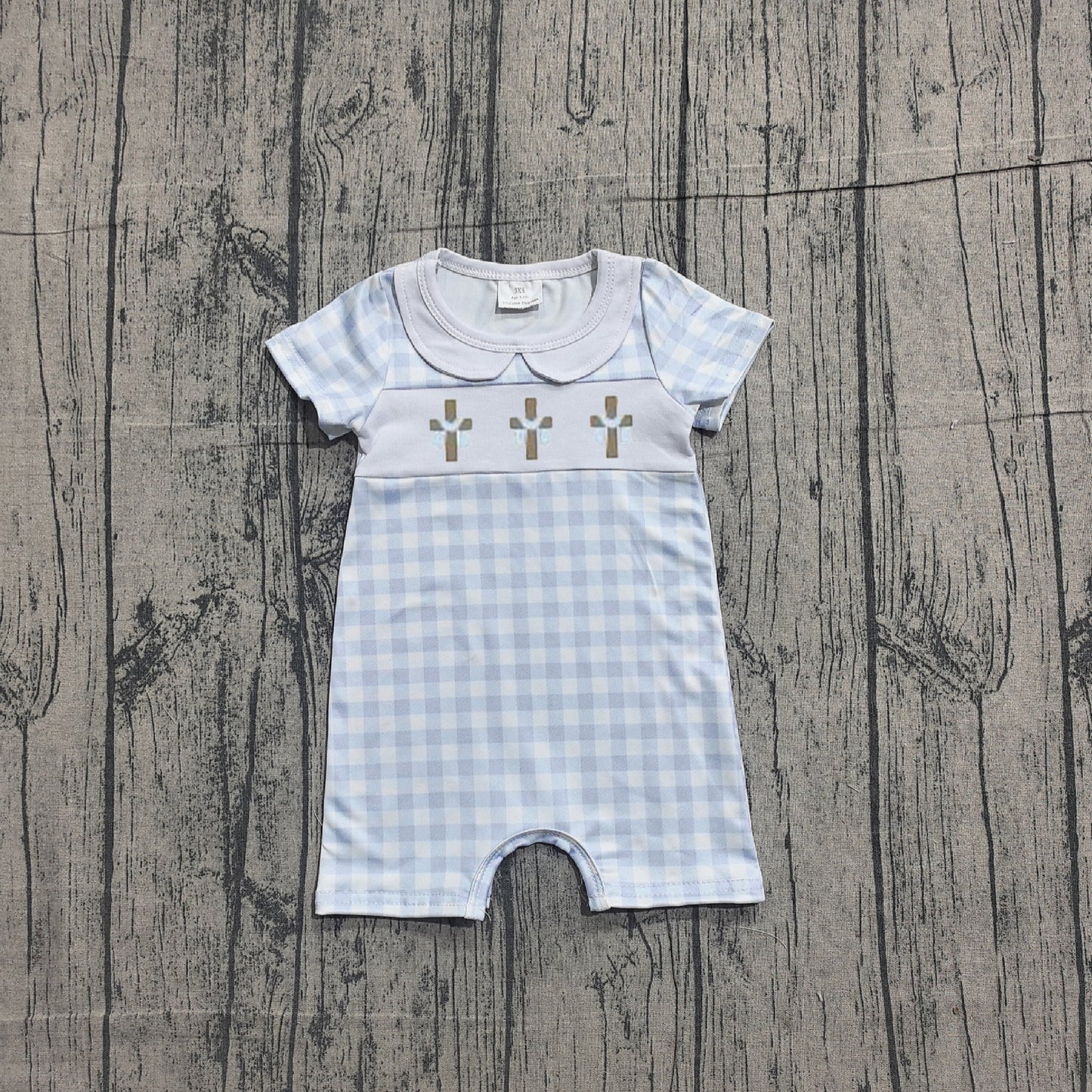 1.12 SR3758 Sample No Moq Embroidery Crosses Baby Boys Blue Checked Easter Collar Rompers