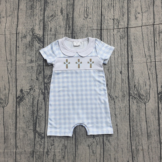 1.12 SR3758 Sample No Moq Embroidery Crosses Baby Boys Blue Checked Easter Collar Rompers