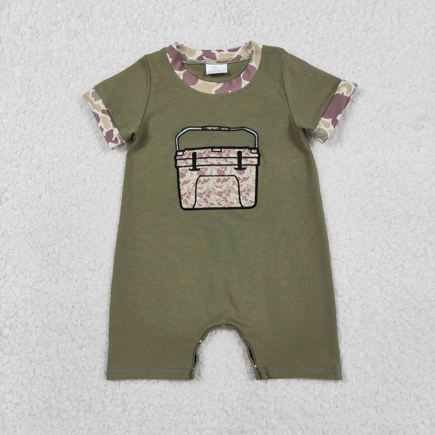 1.12 RTS NO MOQ （In stock）SR3761 Baby Boys Rompers Embroidery Camo Boxes Baby Boys Olive Short Sleeve Hunting Rompers