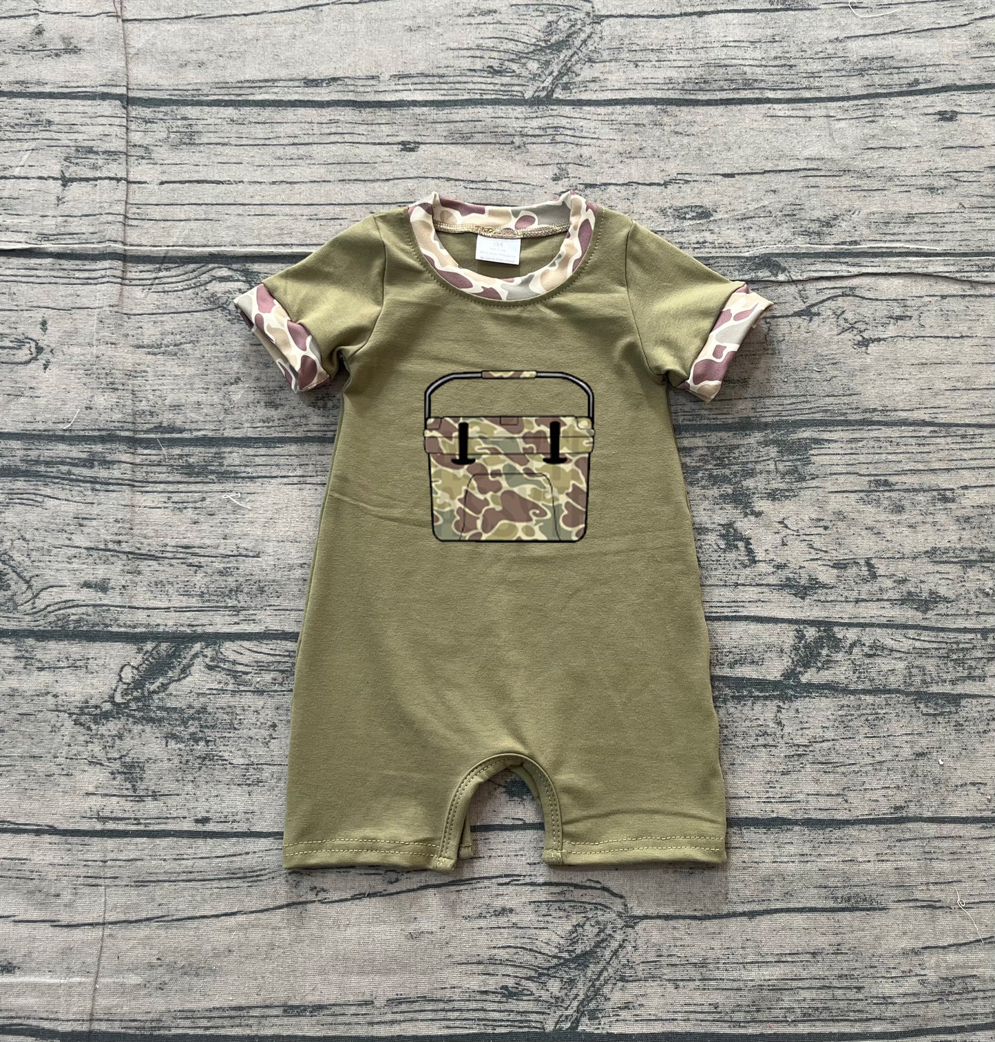 12.15 SR3761 Sample No Moq Embroidery Green Camo Boxes Baby Boys Hunting Shorts Rompers