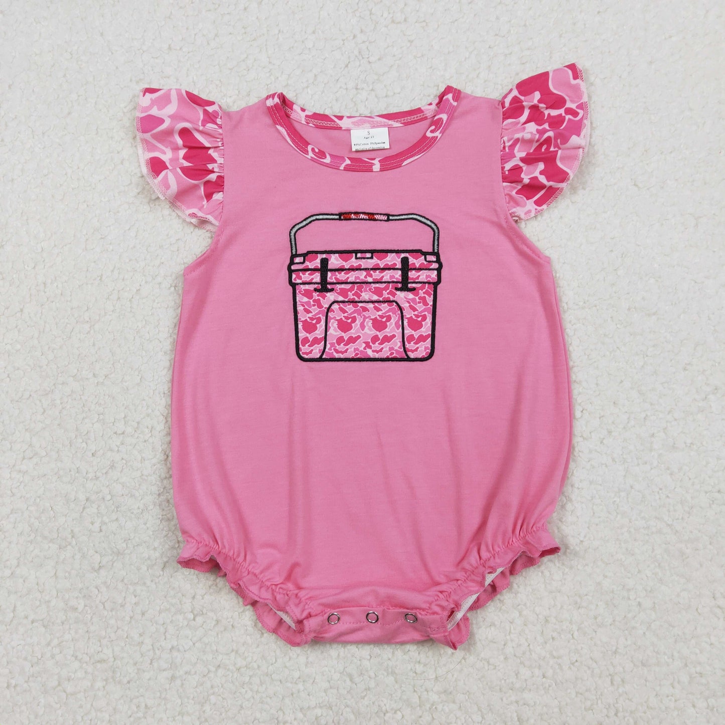 1.19 RTS NO MOQ （In stock）SR3762 Embroidery Pink Camo Boxes Baby Girls Hunting Ruffle Rompers